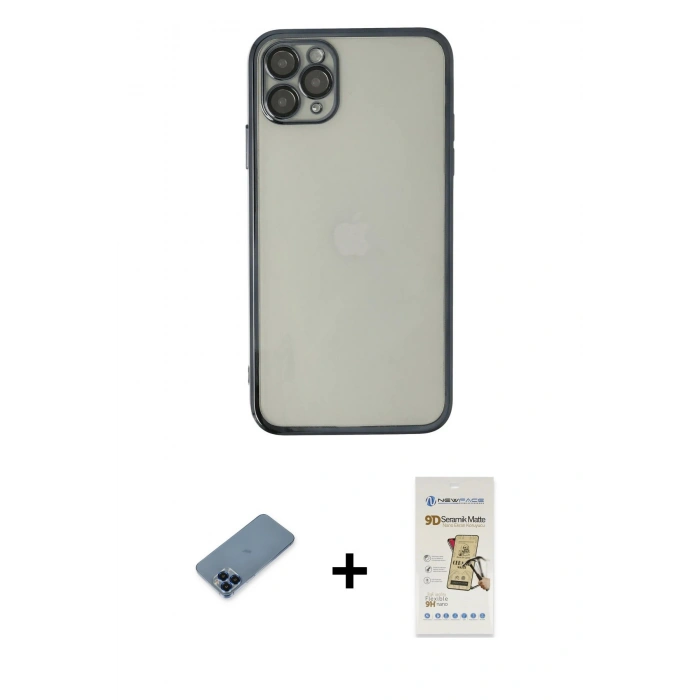 MARSİLYAN™- iPhone 11 Pro Max Kılıf Vadi Minimal - Siyah Mat Seramik Nano Ekran Koruyucu + Metal Kamera Lens Koruma Cam - MI