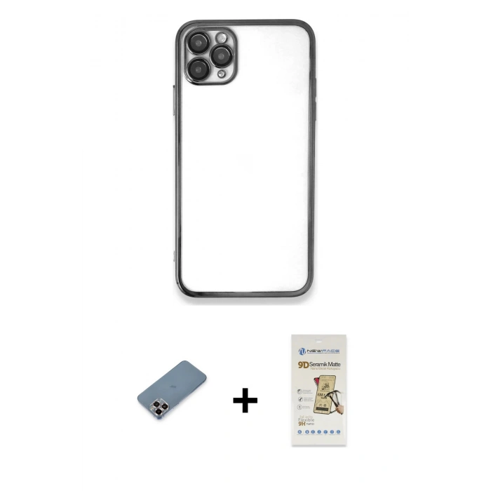 MARSİLYAN™- iPhone 11 Pro Max Kılıf Vadi Minimal - Siyah Mat Seramik Nano Ekran Koruyucu + Metal Kamera Lens Koruma Cam - MR