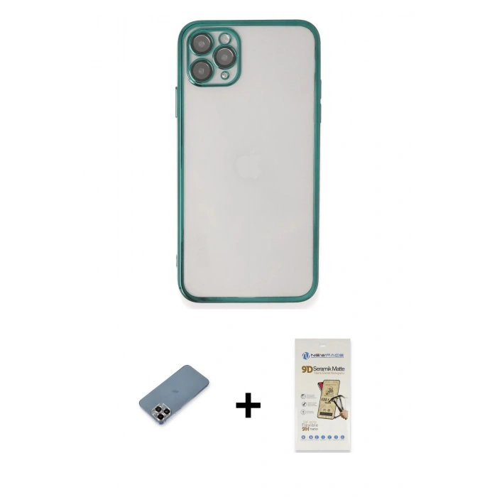 MARSİLYAN™- iPhone 11 Pro Max Kılıf Vadi Minimal - Siyah Mat Seramik Nano Ekran Koruyucu + Metal Kamera Lens Koruma Cam - MR