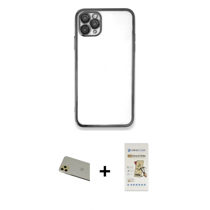 MARSİLYAN™- iPhone 11 Pro Max Kılıf Vadi Minimal - Siyah Mat Seramik Nano Ekran Koruyucu + Rainbow Kamera Lens Koruma Cam - GD