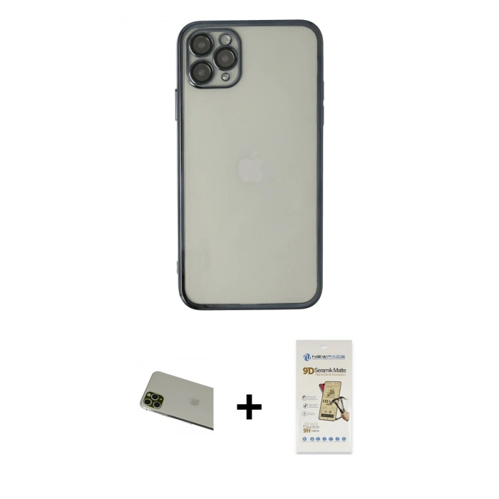 MARSİLYAN™- iPhone 11 Pro Max Kılıf Vadi Minimal - Siyah Mat Seramik Nano Ekran Koruyucu + Rainbow Kamera Lens Koruma Cam - YL