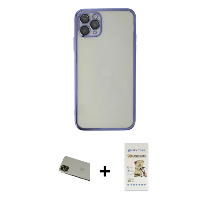 MARSİLYAN™- iPhone 11 Pro Max Kılıf Vadi Minimal - Siyah Mat Seramik Nano Ekran Koruyucu + Rainbow Kamera Lens Koruma Cam - YL