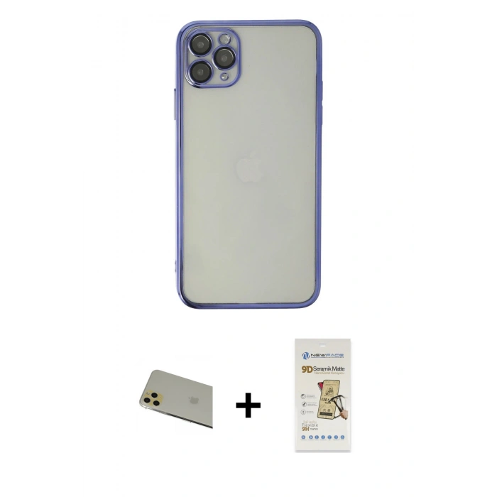 MARSİLYAN™- iPhone 11 Pro Max Kılıf Vadi Minimal - Siyah Mat Seramik Nano Ekran Koruyucu + Rainbow Kamera Lens Koruma Cam - GD