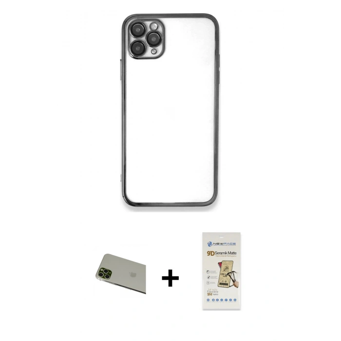 MARSİLYAN™- iPhone 11 Pro Max Kılıf Vadi Minimal - Siyah Mat Seramik Nano Ekran Koruyucu + Rainbow Kamera Lens Koruma Cam - YL