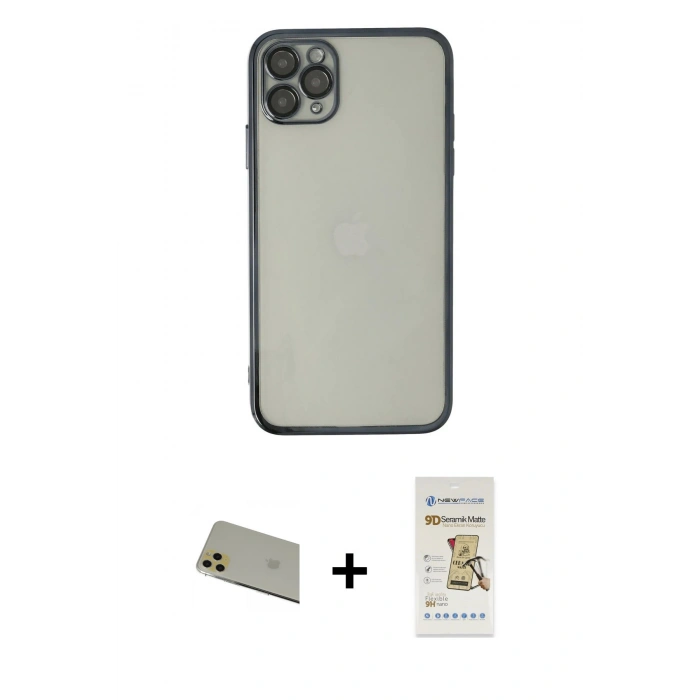 MARSİLYAN™- iPhone 11 Pro Max Kılıf Vadi Minimal - Siyah Mat Seramik Nano Ekran Koruyucu + Rainbow Kamera Lens Koruma Cam - GD