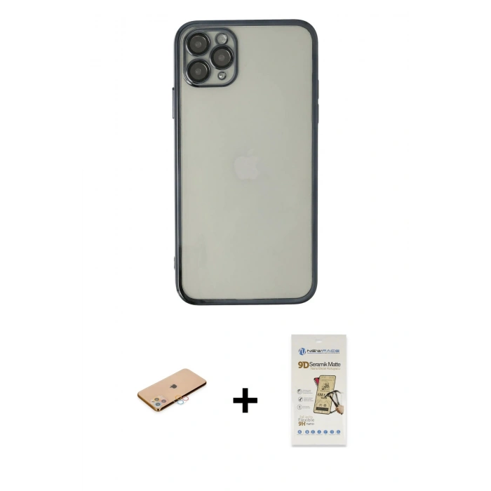 MARSİLYAN™- iPhone 11 Pro Max Kılıf Vadi Minimal - Siyah Mat Seramik Nano Ekran Koruyucu + Renkli Kamera Lens Koruma Cam - PE