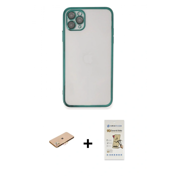 MARSİLYAN™- iPhone 11 Pro Max Kılıf Vadi Minimal - Siyah Mat Seramik Nano Ekran Koruyucu + Renkli Kamera Lens Koruma Cam - TU