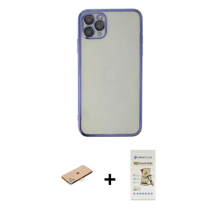 MARSİLYAN™- iPhone 11 Pro Max Kılıf Vadi Minimal - Siyah Mat Seramik Nano Ekran Koruyucu + Renkli Kamera Lens Koruma Cam - PE