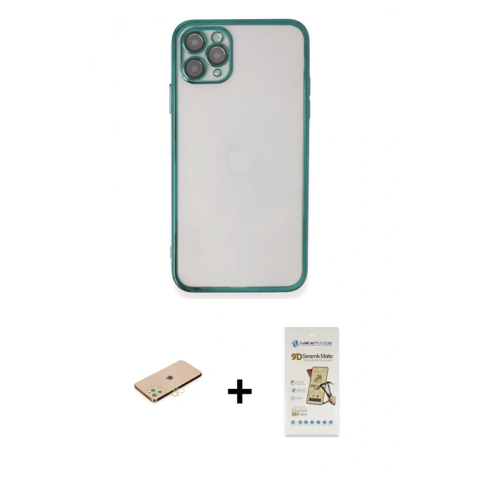 MARSİLYAN™- iPhone 11 Pro Max Kılıf Vadi Minimal - Siyah Mat Seramik Nano Ekran Koruyucu + Renkli Kamera Lens Koruma Cam - SI