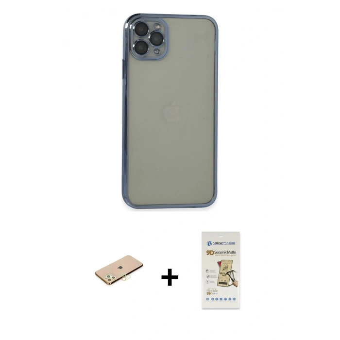 MARSİLYAN™- iPhone 11 Pro Max Kılıf Vadi Minimal - Siyah Mat Seramik Nano Ekran Koruyucu + Renkli Kamera Lens Koruma Cam - SI