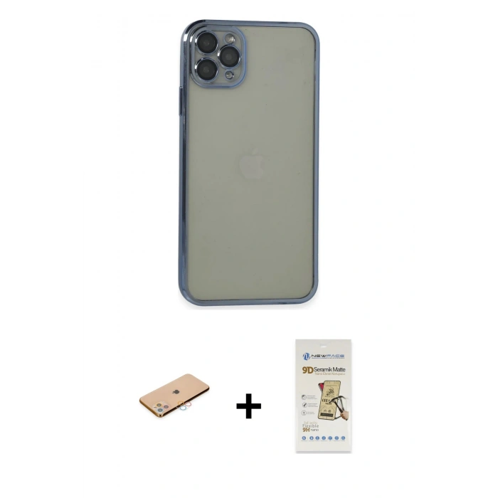 MARSİLYAN™- iPhone 11 Pro Max Kılıf Vadi Minimal - Siyah Mat Seramik Nano Ekran Koruyucu + Renkli Kamera Lens Koruma Cam - PE