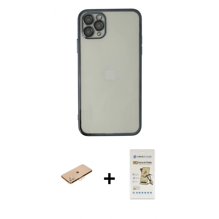MARSİLYAN™- iPhone 11 Pro Max Kılıf Vadi Minimal - Siyah Mat Seramik Nano Ekran Koruyucu + Renkli Kamera Lens Koruma Cam - TU