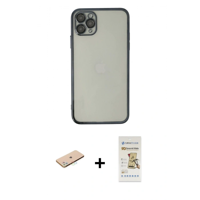 MARSİLYAN™- iPhone 11 Pro Max Kılıf Vadi Minimal - Siyah Mat Seramik Nano Ekran Koruyucu + Renkli Kamera Lens Koruma Cam - MI