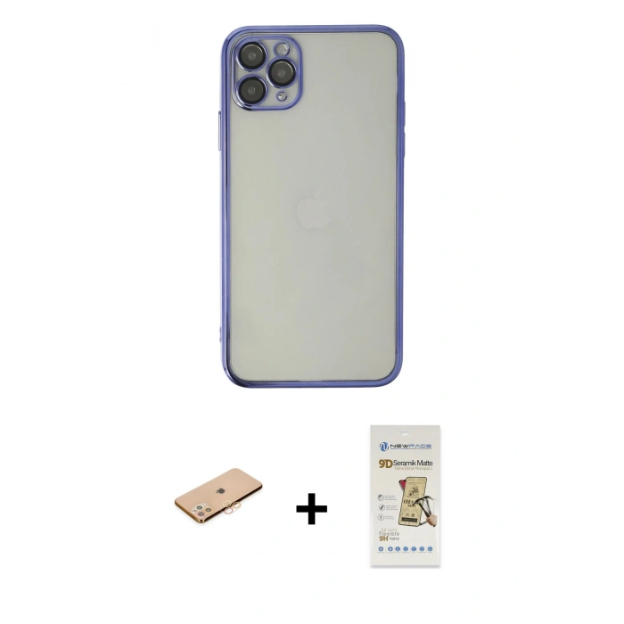 MARSİLYAN™- iPhone 11 Pro Max Kılıf Vadi Minimal - Siyah Mat Seramik Nano Ekran Koruyucu + Renkli Kamera Lens Koruma Cam - TU