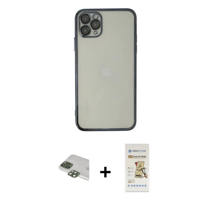 MARSİLYAN™- iPhone 11 Pro Max Kılıf Vadi Minimal - Siyah Mat Seramik Nano Ekran Koruyucu + Pers Alüminyum Kamera Lens - YL
