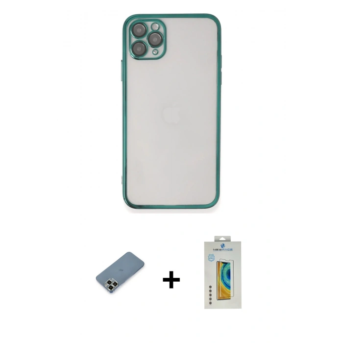 MARSİLYAN™- iPhone 11 Pro Max Kılıf Vadi Minimal - Siyah Polymer Nano Ekran Koruyucu + Metal Kamera Lens Koruma Cam - AKYL