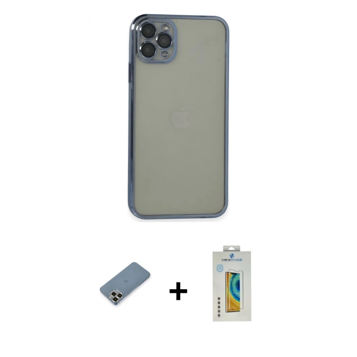 MARSİLYAN™- iPhone 11 Pro Max Kılıf Vadi Minimal - Siyah Polymer Nano Ekran Koruyucu + Gold Metal Kamera Lens Koruma Cam