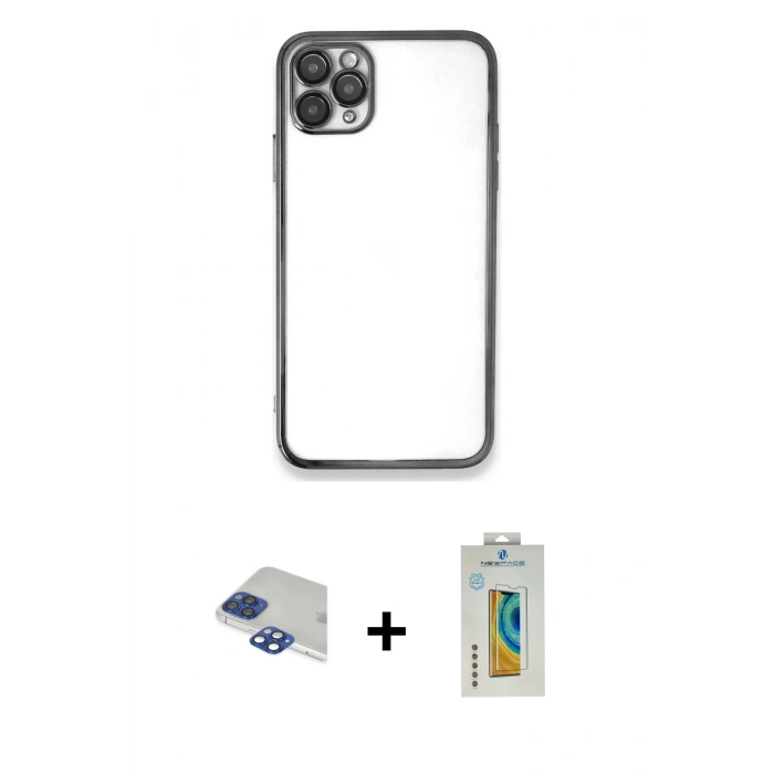 MARSİLYAN™- iPhone 11 Pro Max Kılıf Vadi Minimal - Siyah Polymer Nano Ekran Koruyucu + Lacivert Pers Alüminyum Kamera Lens