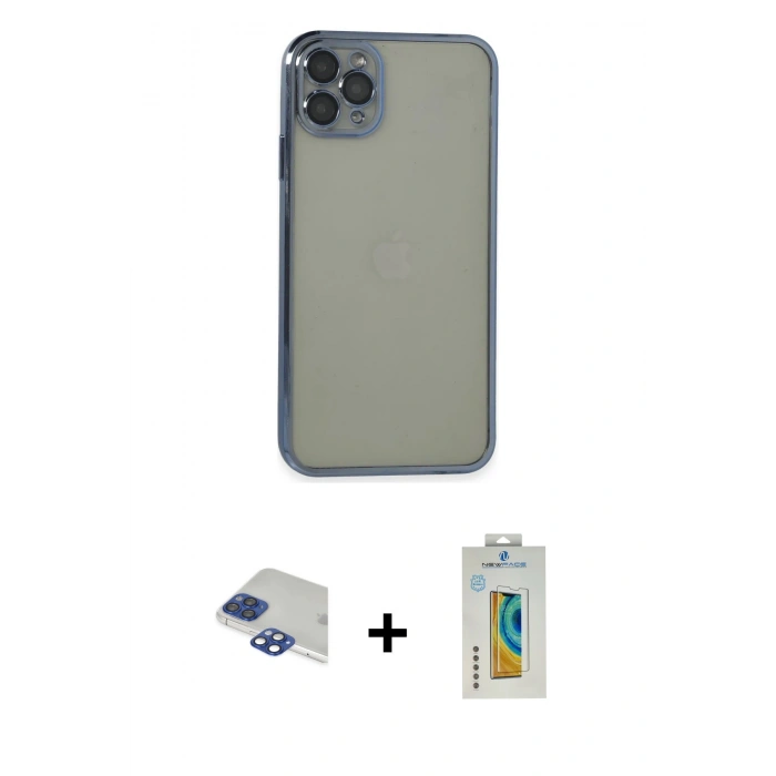 MARSİLYAN™- iPhone 11 Pro Max Kılıf Vadi Minimal - Siyah Polymer Nano Ekran Koruyucu + Lacivert Pers Alüminyum Kamera Lens