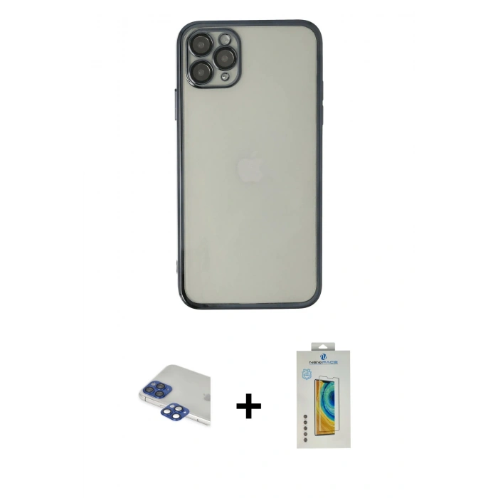 MARSİLYAN™- iPhone 11 Pro Max Kılıf Vadi Minimal - Siyah Polymer Nano Ekran Koruyucu + Lacivert Pers Alüminyum Kamera Lens