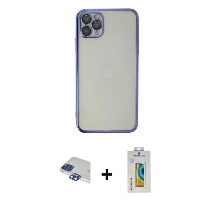 MARSİLYAN™- iPhone 11 Pro Max Kılıf Vadi Minimal - Siyah Polymer Nano Ekran Koruyucu + Lacivert Pers Alüminyum Kamera Lens