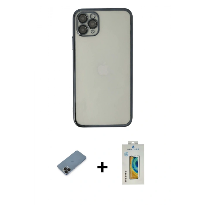 MARSİLYAN™- iPhone 11 Pro Max Kılıf Vadi Minimal - Siyah Polymer Nano Ekran Koruyucu + Metal Kamera Lens Koruma Cam - SH