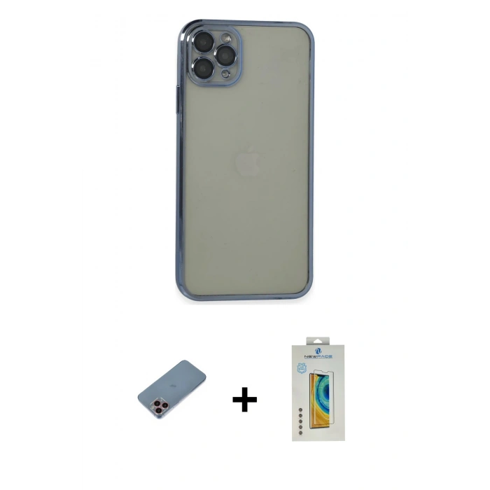 MARSİLYAN™- iPhone 11 Pro Max Kılıf Vadi Minimal - Siyah Polymer Nano Ekran Koruyucu + Pembe Shine Kamera Lens Koruma Cam