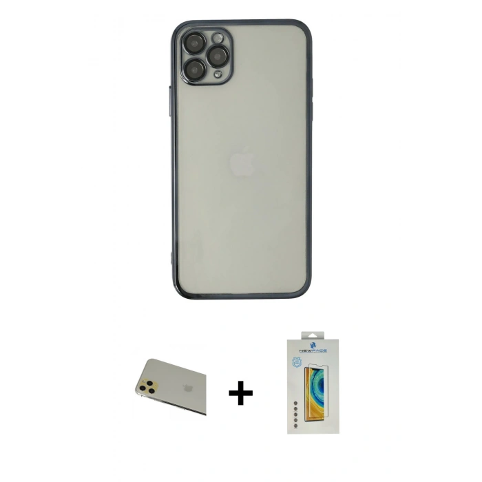 MARSİLYAN™- iPhone 11 Pro Max Kılıf Vadi Minimal - Siyah Polymer Nano Ekran Koruyucu + Rainbow Kamera Lens Koruma Cam - GD