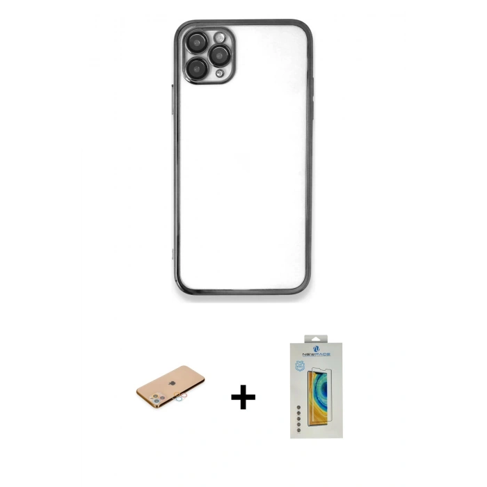 MARSİLYAN™- iPhone 11 Pro Max Kılıf Vadi Minimal - Siyah Polymer Nano Ekran Koruyucu + Renkli Kamera Lens Koruma Cam - PE