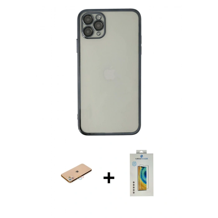 MARSİLYAN™- iPhone 11 Pro Max Kılıf Vadi Minimal - Siyah Polymer Nano Ekran Koruyucu + Renkli Kamera Lens Koruma Cam - PE
