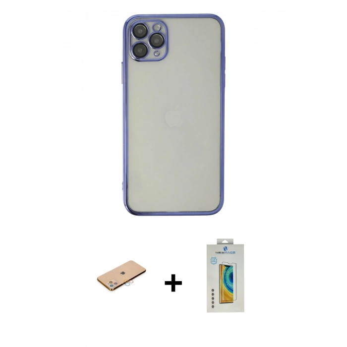 MARSİLYAN™- iPhone 11 Pro Max Kılıf Vadi Minimal - Siyah Polymer Nano Ekran Koruyucu + Renkli Kamera Lens Koruma Cam - PE