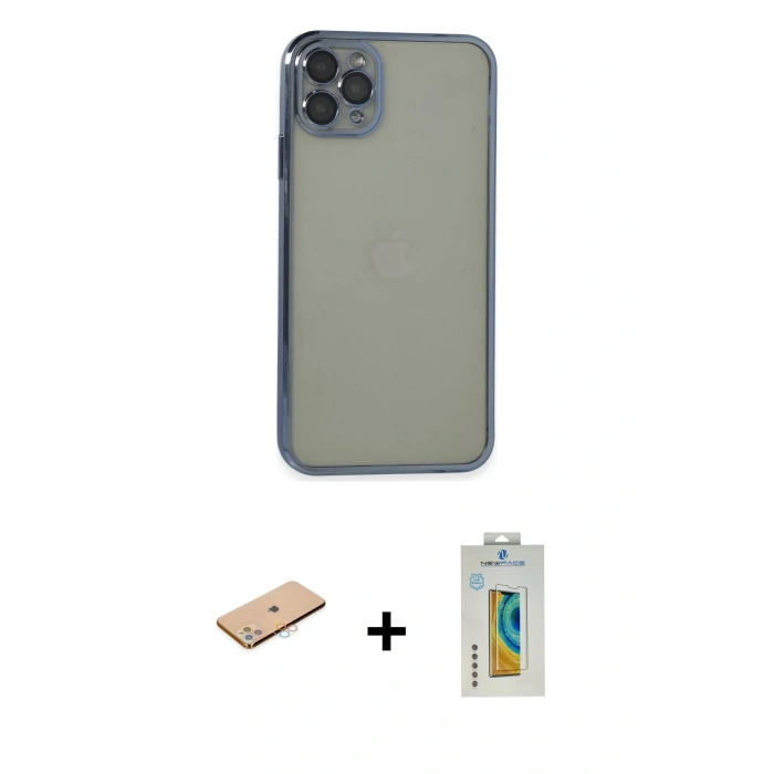 MARSİLYAN™- iPhone 11 Pro Max Kılıf Vadi Minimal - Siyah Polymer Nano Ekran Koruyucu + Renkli Kamera Lens Koruma Cam - PE