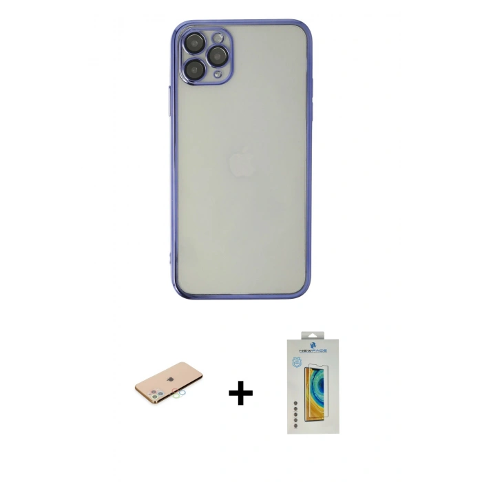 MARSİLYAN™- iPhone 11 Pro Max Kılıf Vadi Minimal - Siyah Polymer Nano Ekran Koruyucu + Renkli Kamera Lens Koruma Cam - MI