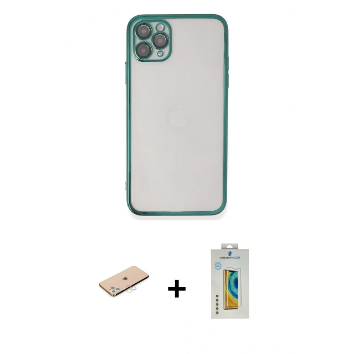 MARSİLYAN™- iPhone 11 Pro Max Kılıf Vadi Minimal - Siyah Polymer Nano Ekran Koruyucu + Renkli Kamera Lens Koruma Cam - MI