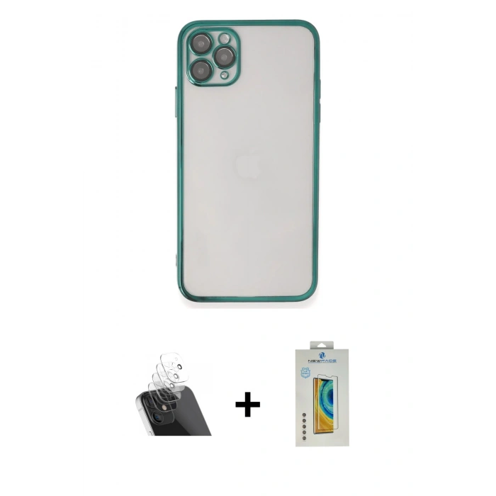 MARSİLYAN™- iPhone 11 Pro Max Kılıf Vadi Minimal - Siyah Polymer Nano Ekran Koruyucu + Kamera Lens Koruma Cam - SF