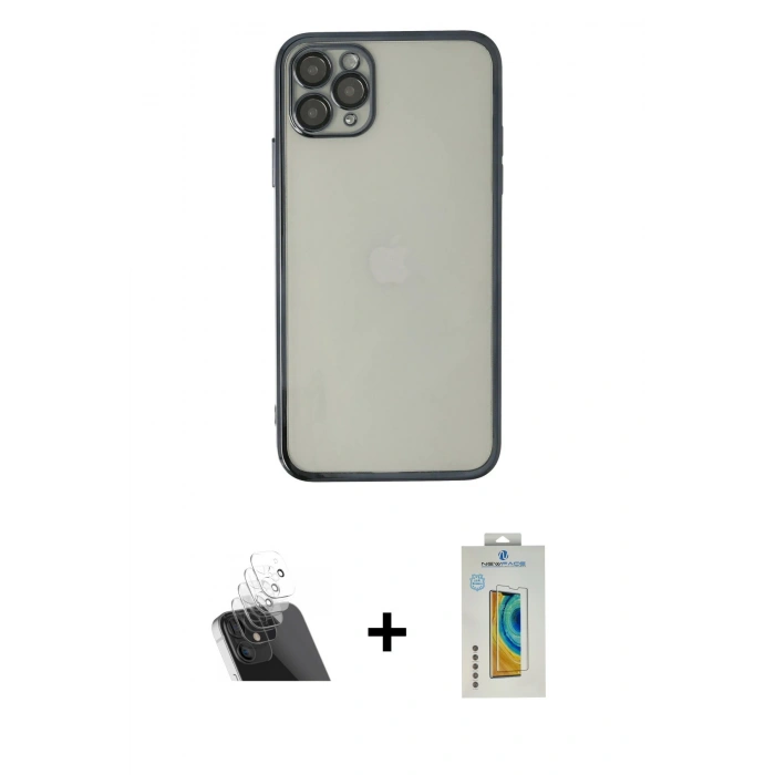 MARSİLYAN™- iPhone 11 Pro Max Kılıf Vadi Minimal - Siyah Polymer Nano Ekran Koruyucu + Kamera Lens Koruma Cam - SF