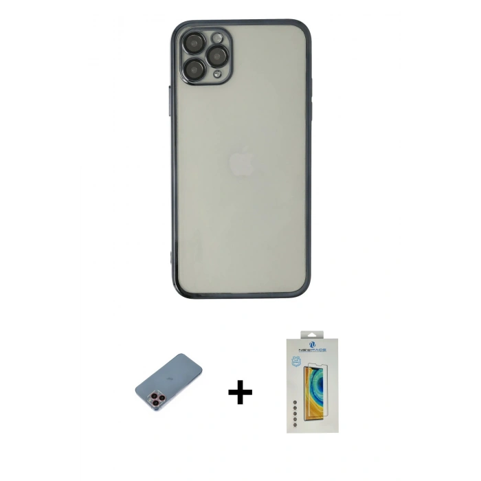MARSİLYAN™- iPhone 11 Pro Max Kılıf Vadi Minimal - Siyah Polymer Nano Ekran Koruyucu + Shine Kamera Lens Koruma Cam - PE