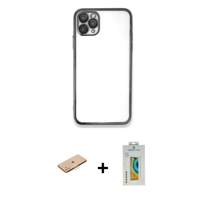 MARSİLYAN™- iPhone 11 Pro Max Kılıf Vadi Minimal - Siyah Polymer Nano Ekran Koruyucu + Turuncu Renkli Kamera Lens Koruma Cam