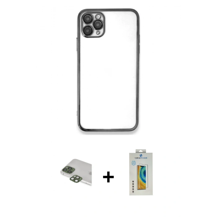 MARSİLYAN™- iPhone 11 Pro Max Kılıf Vadi Minimal - Siyah Polymer Nano Ekran Koruyucu + Pers Alüminyum Kamera Lens - YL