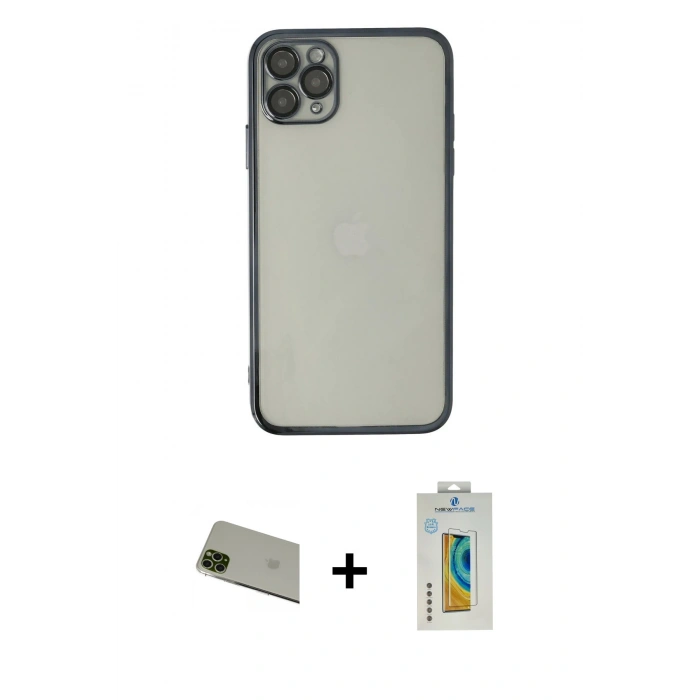 MARSİLYAN™- iPhone 11 Pro Max Kılıf Vadi Minimal - Siyah Polymer Nano Ekran Koruyucu + Yeşil Rainbow Kamera Lens Koruma Cam