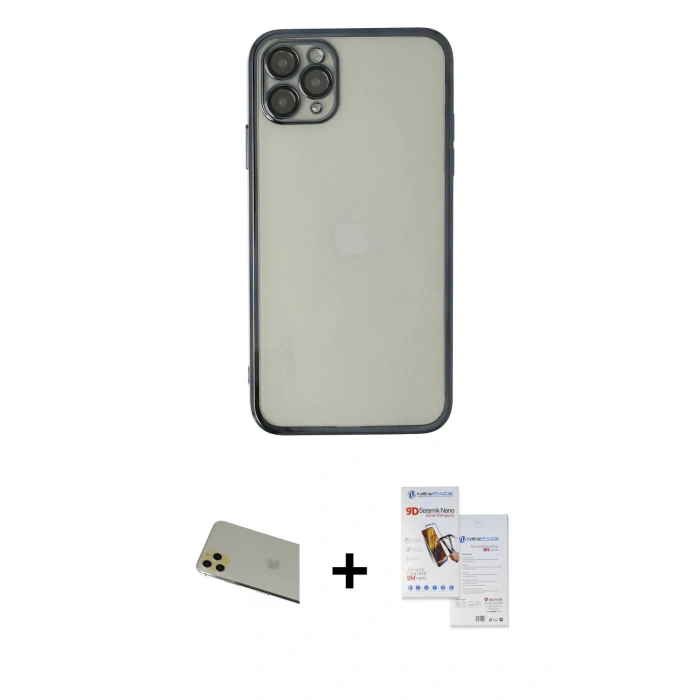 MARSİLYAN™- iPhone 11 Pro Max Kılıf Vadi Minimal - Siyah Seramik Nano Ekran Koruyucu + Rainbow Kamera Lens Koruma Cam - GD