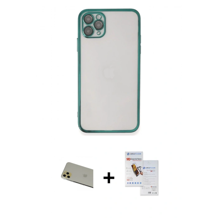 MARSİLYAN™- iPhone 11 Pro Max Kılıf Vadi Minimal - Siyah Seramik Nano Ekran Koruyucu + Rainbow Kamera Lens Koruma Cam - GD