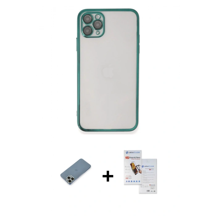 MARSİLYAN™- iPhone 11 Pro Max Kılıf Vadi Minimal - Siyah Seramik Nano Ekran Koruyucu + Metal Kamera Lens Koruma Cam - AKYL