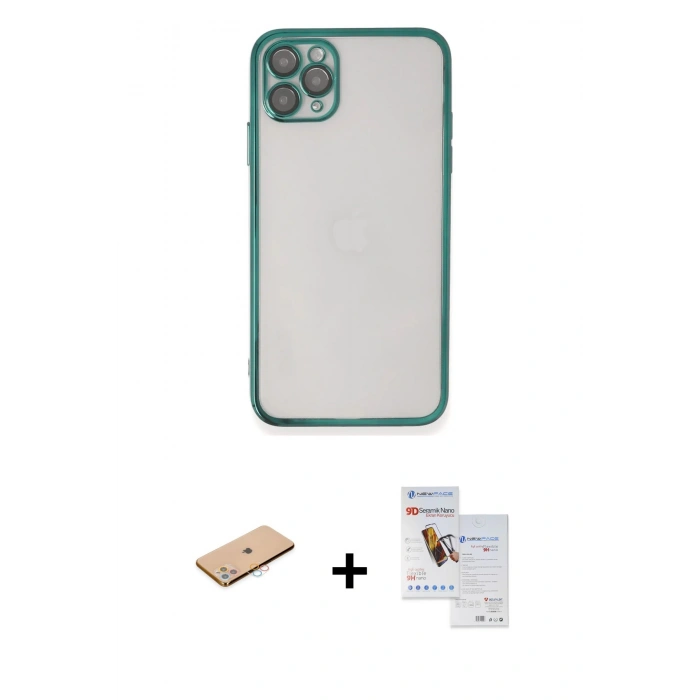MARSİLYAN™- iPhone 11 Pro Max Kılıf Vadi Minimal - Siyah Seramik Nano Ekran Koruyucu + Renkli Kamera Lens Koruma Cam - PE