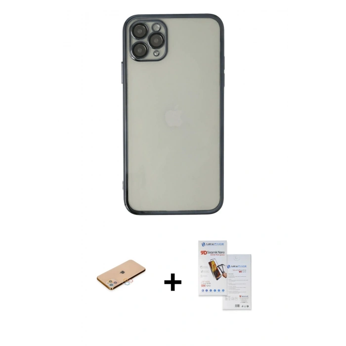MARSİLYAN™- iPhone 11 Pro Max Kılıf Vadi Minimal - Siyah Seramik Nano Ekran Koruyucu + Renkli Kamera Lens Koruma Cam - PE