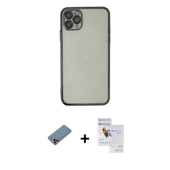 MARSİLYAN™- iPhone 11 Pro Max Kılıf Vadi Minimal - Siyah Seramik Nano Ekran Koruyucu + Shine Kamera Lens Koruma Cam - PE