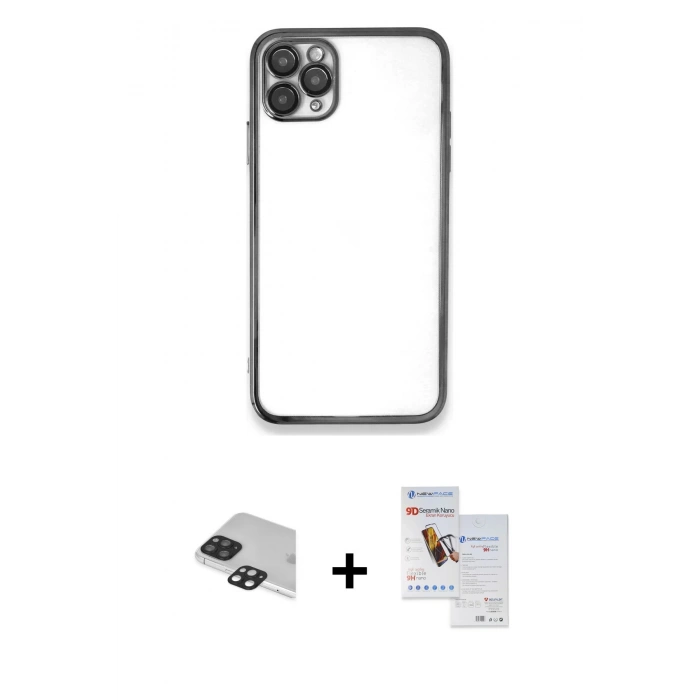MARSİLYAN™- iPhone 11 Pro Max Kılıf Vadi Minimal - Siyah Seramik Nano Ekran Koruyucu + Pers Alüminyum Kamera Lens - SH