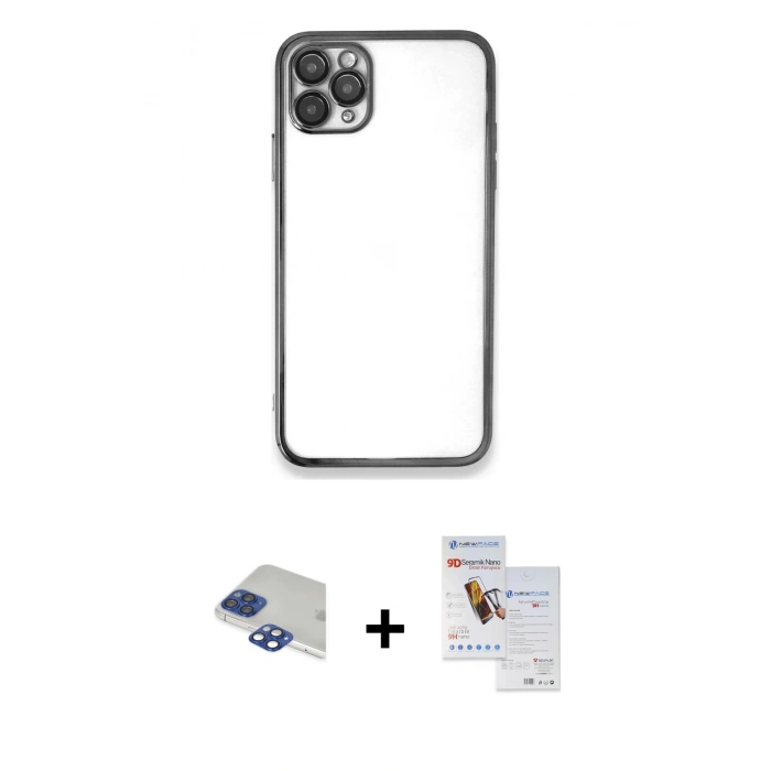 MARSİLYAN™- iPhone 11 Pro Max Kılıf Vadi Minimal - Siyah Seramik Nano Ekran Koruyucu + Pers Alüminyum Kamera Lens - LT