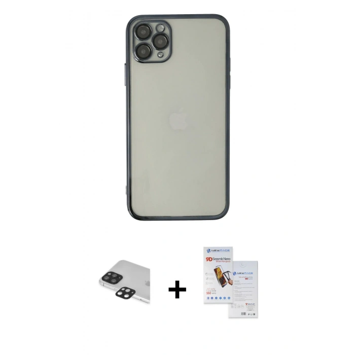 MARSİLYAN™- iPhone 11 Pro Max Kılıf Vadi Minimal - Siyah Seramik Nano Ekran Koruyucu + Pers Alüminyum Kamera Lens - SH