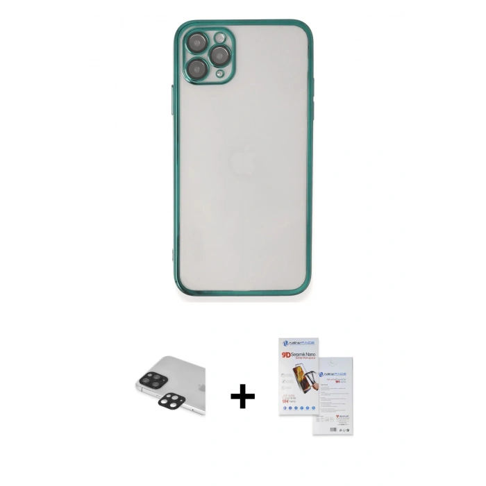 MARSİLYAN™- iPhone 11 Pro Max Kılıf Vadi Minimal - Siyah Seramik Nano Ekran Koruyucu + Pers Alüminyum Kamera Lens - SH